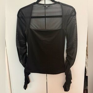 Dynamite Black Sheer Mesh Ruched Sleeve Square Neck Top size small